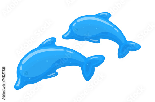 Jelly dolphins. Cartoon gummy dolphin shaped jelly candy, fruity chewy sweets in shape of underwater animal flat vector illustration. Cute gummy dolphins