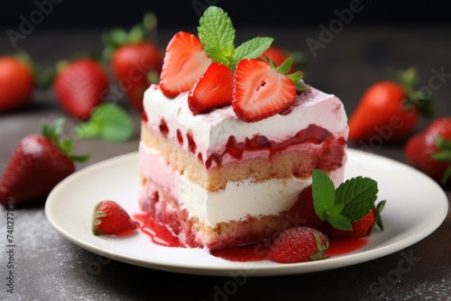 a slice of cake with strawberries on top