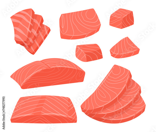 Sliced salmon. Delicious red fish sashimi slices, Japanese dish of delicious raw salmon slices flat vector illustration set. Salmon fillet slice collection