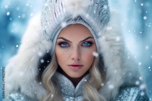 a woman wearing a silver hat and fur hood