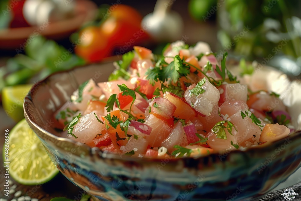 Fresh ceviche dish with herbs and lime - A traditional seafood dish, ceviche, with fresh fish, lime, herbs, and spices in a decorative bowl, ready to serve