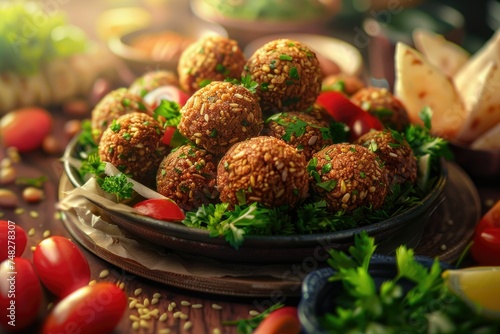 Falafel balls with fresh herbs on plate - Colorful plate of richly seasoned falafel balls adorned with fresh parsley and surrounded by vibrant vegetables