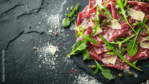 Fresh beef carpaccio with arugula on slate - Appetizing dish of thin slices of raw beef with arugula, capers, and parmesan on a black slate background