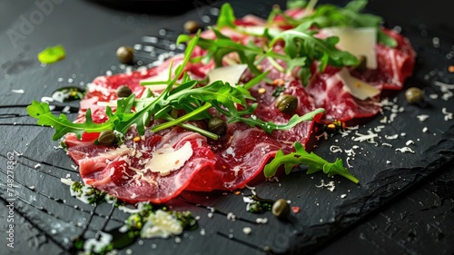Fresh beef carpaccio with greens and cheese - Freshly prepared beef carpaccio plated with crisp arugula, shavings of parmesan cheese, and capers for a refined appetizer
