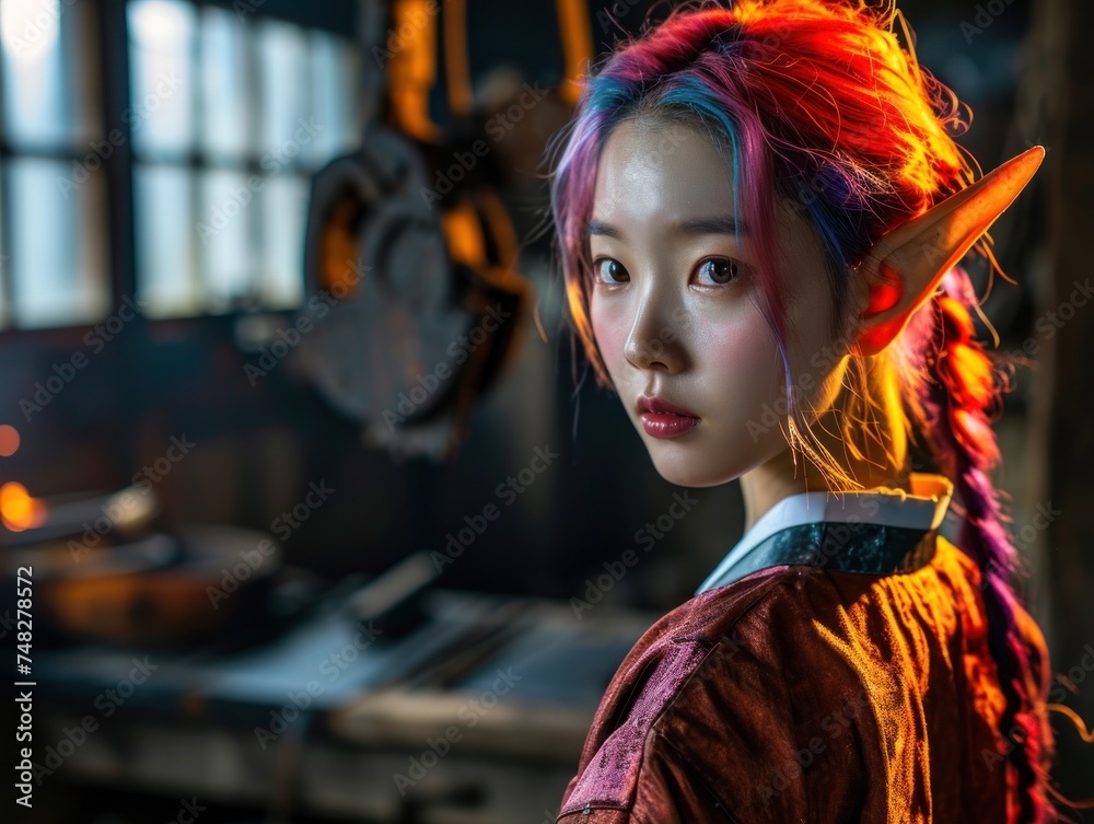 a woman with colorful hair and a garment a woman with colorful hair and a garment
