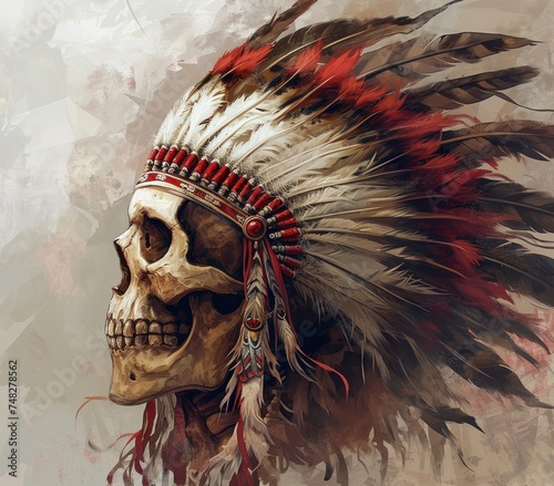 a skull wearing a feathered headdress