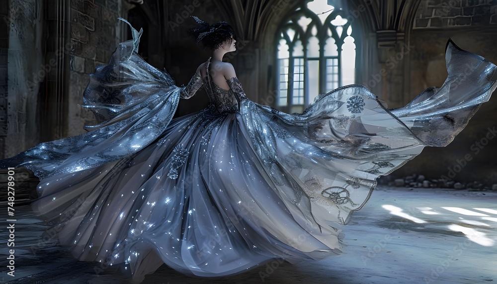 woman wearing long flowing silver dress in a dark cathedral church woman wearing long flowing silver dress in a dark cathedral church