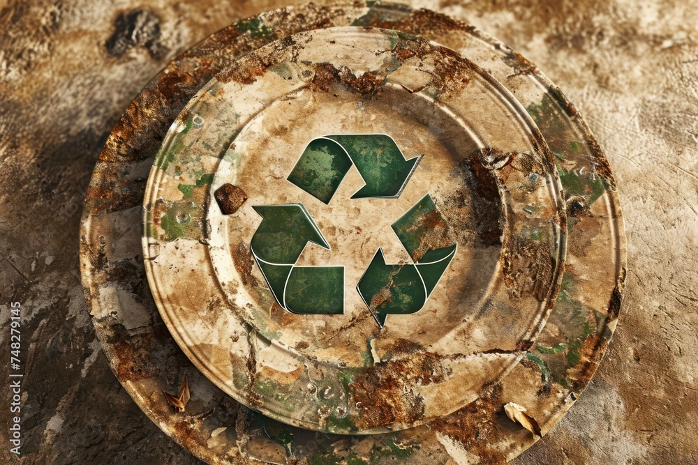 a dirty plate with a recycle symbol on it