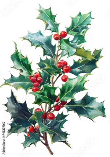 a watercolor painting of a holly plant