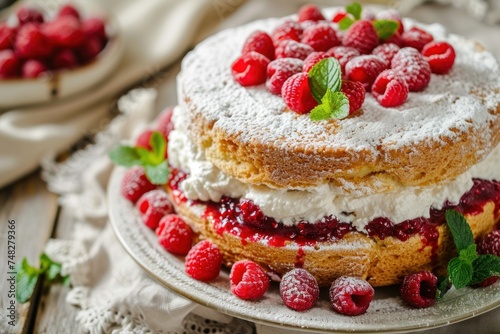 a cake with raspberries and whipped cream on top