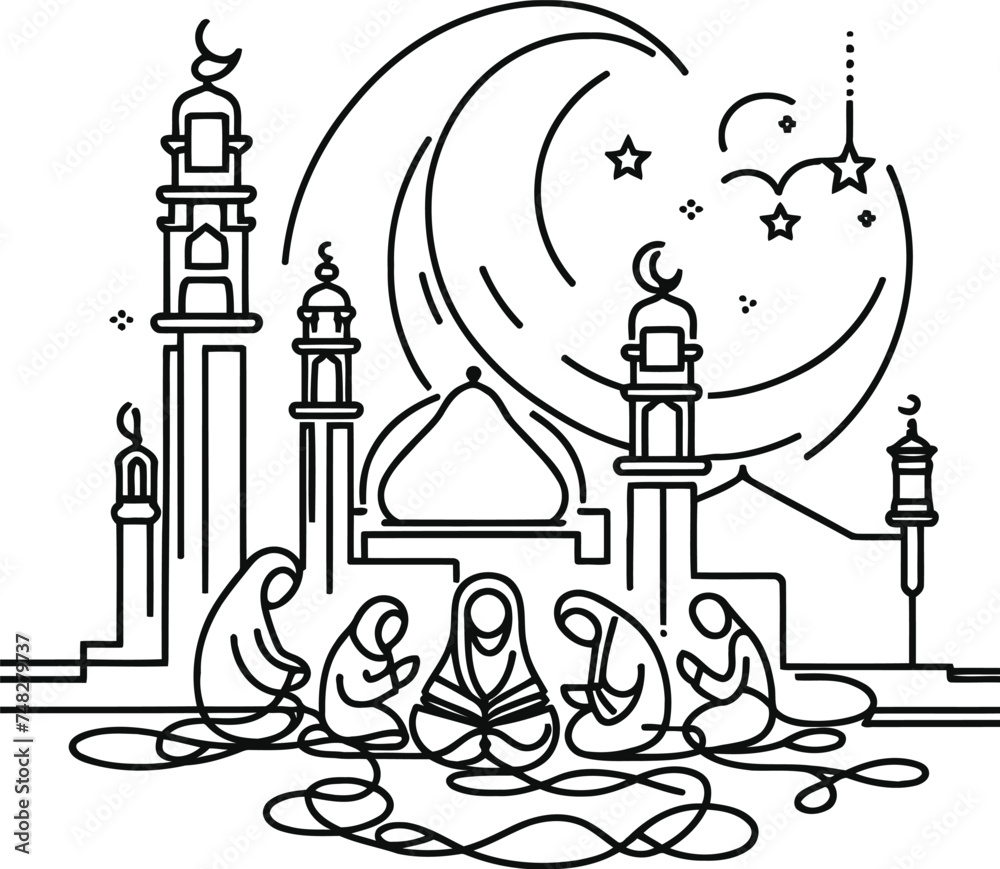 Fototapeta premium Muslim Ramadan Islam in continuous line drawing minimalist, simplicity contour,