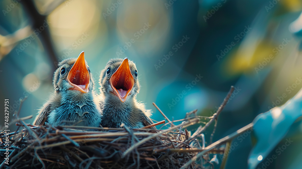 AI Generated art Two baby robins bird in a nest with open mouths neon color AI Generated art Two baby robins bird in a nest with open mouths neon color