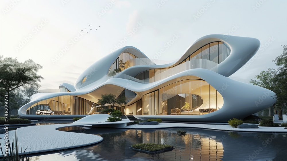 striking example of futuristic architecture, this curvaceous building with fluid lines and expansive glass windows blending innovation with the natural environment