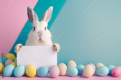 Cute Easter bunny surrounded by colorful eggs with blank sign for text on bright background