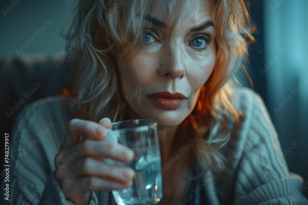 Sad caucasian middle-aged woman holding pill bottle holding glass of water, suffering from chronic pain and depression, looking at the camera with a hopeless expression. Health care, medication, menta