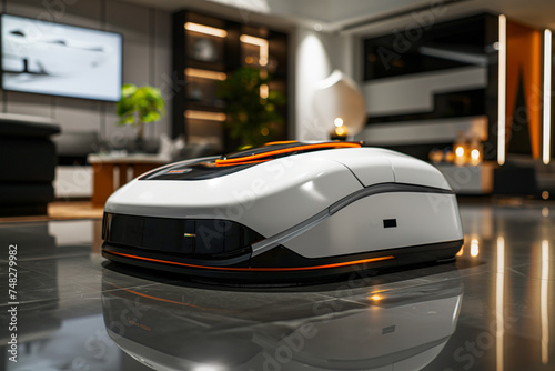 A white robot vacuum cleaner cleans the room. © Dzmitry