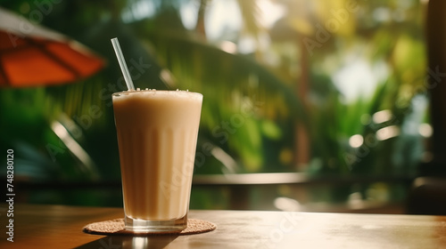 Refreshing milkshake cocktail on a wooden table against a lush, tropical backdrop highlighted by natural sunlight.