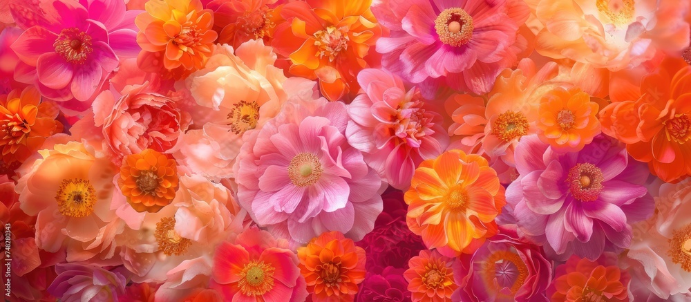 A bunch of stunningly beautiful full color pink and orange flowers arranged on a wall, creating a vibrant and eye-catching display.
