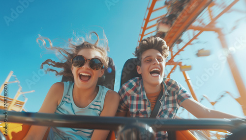 Portraits of two teenagers couple in love or brother and sister emotional screaming and laughing moment while they enjoying Roller coaster Funny time attraction ride on city carnival entertainment.