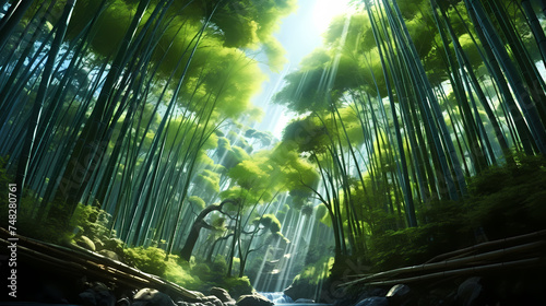 Tranquil bamboo forest  tall bamboo stalks create a dense and peaceful atmosphere