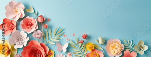 Banner with paper flowers in pastel colors on blue background.