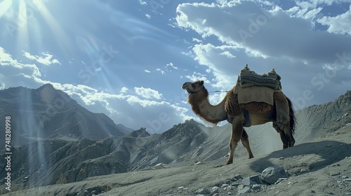 Traveler on a camel in the desert.