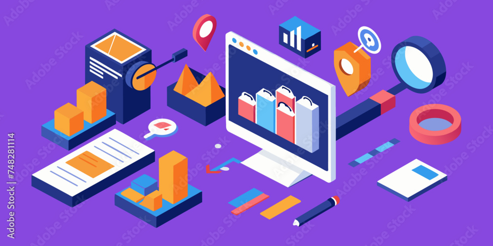 Isometric illustration design concept. Analyze data and search SEO optimization flat illustration design Isometric illustration design concept. Analyze data and search SEO optimization flat illustration design