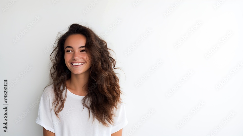 Portrait of a smiling young woman with long brown hair in a white t-shirt against a white background. Perfect for advertising and social media targeting young women. Portrait of a smiling young woman with long brown hair in a white t-shirt against a white background. Perfect for advertising and social media targeting young women.