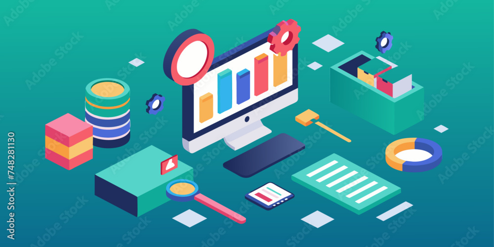 Isometric illustration design concept. Analyze data and search SEO optimization flat illustration design Isometric illustration design concept. Analyze data and search SEO optimization flat illustration design