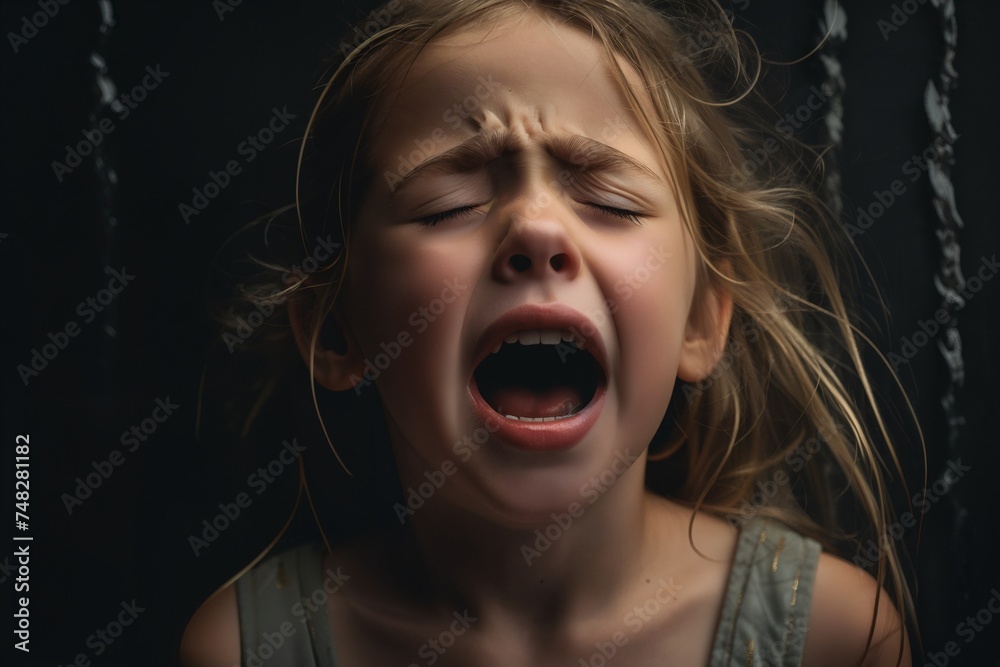 Cute little child crying on dark background. ?lose-up portrait of a ...