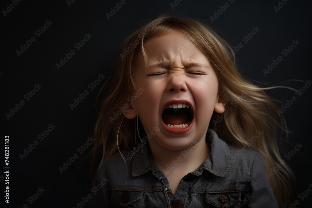 Cute little child crying on dark background. ?lose-up portrait of a screaming baby. Child shouting loud. Portrait of shocked, angry, emotional little girl screaming and crying against black background Cute little child crying on dark background. ?lose-up portrait of a screaming baby. Child shouting loud. Portrait of shocked, angry, emotional little girl screaming and crying against black background