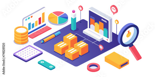 Isometric illustration design concept. Analyze data and search SEO optimization flat illustration design