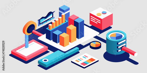 Isometric illustration design concept. Analyze data and search SEO optimization flat illustration design