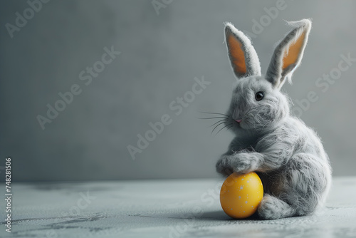 Cute Easter gray bunny wirh yellow egg on a gray background photo
