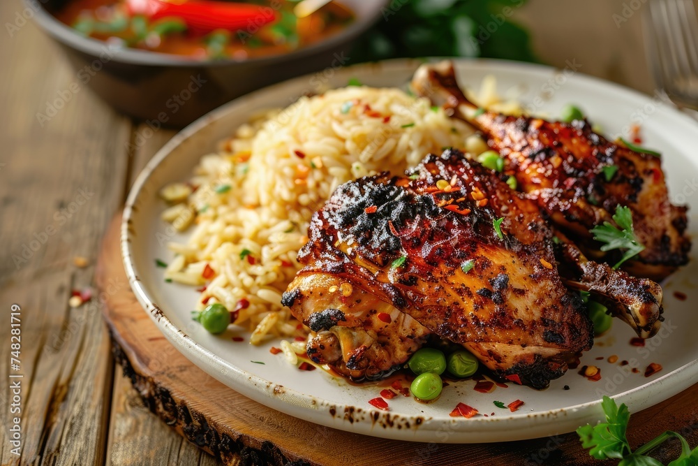 Grilled chicken with rice and vegetables - Deliciously grilled chicken thighs paired with seasoned rice and green peas on a ceramic plate, garnished with parsley - obrazy, fototapety, plakaty 