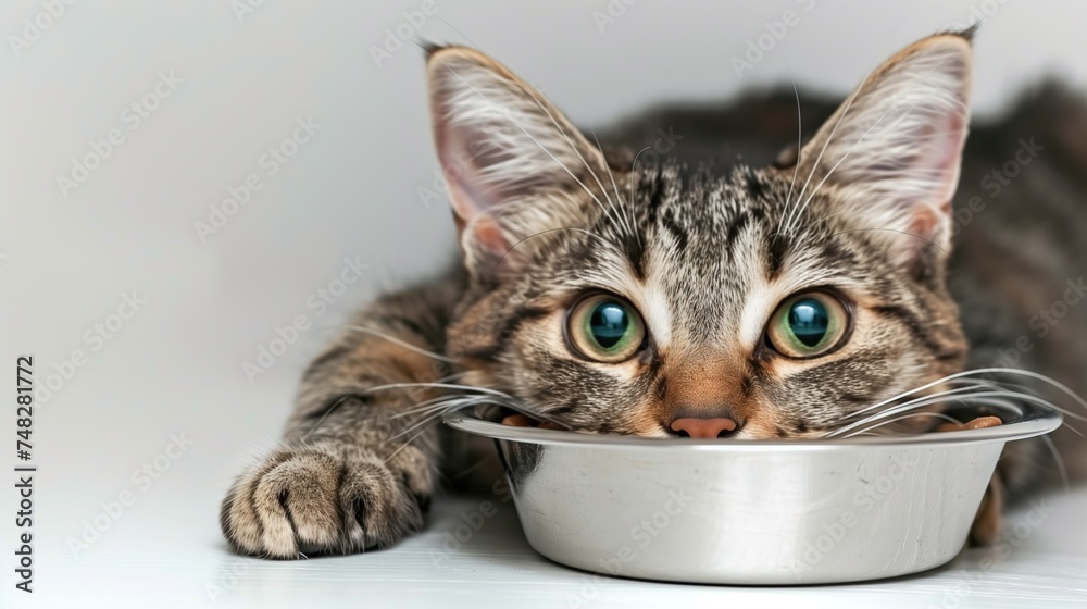 Curious Cat: Mischief in the Eyes, Portrait with Face in Food Bowl, Grey Studio Background