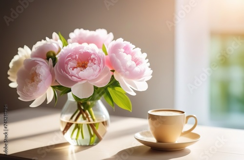 White and light pink peonies bouquet in vase glass with mug cup of coffee latte cappuccino sun light window modern interrior bokeh spring