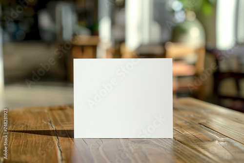 empty blank white card on wooden table with blurry background of a reception room with plants and furniture