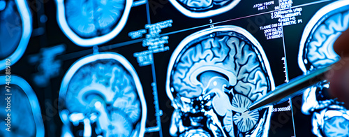 Physician or researcher pointing to a spot on the cerebellar scan of a patient with a neurological disease photo