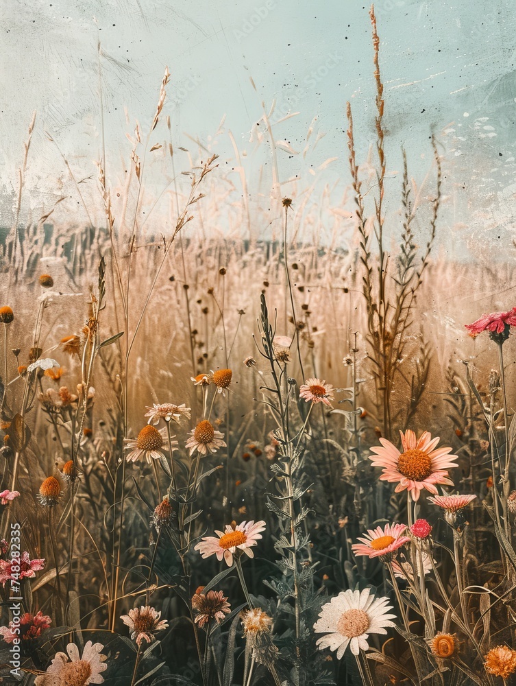 Old-fashioned garden with natural texture, delicate floral pattern in earthy tones, sunny field backdrop for a nostalgic scenery and botanical illustration charm Old-fashioned garden with natural texture, delicate floral pattern in earthy tones, sunny field backdrop for a nostalgic scenery and botanical illustration charm