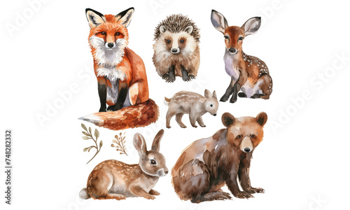 Watercolor forest animals and nature elements isolated clipart set