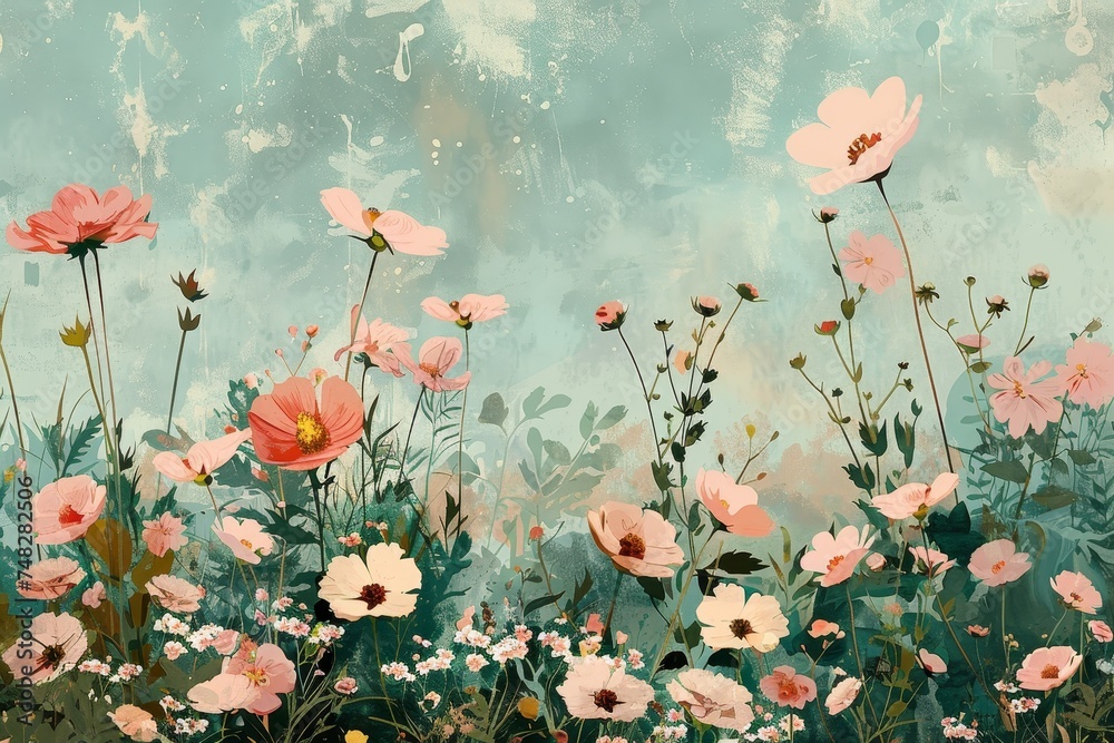 An old-fashioned garden tranquility showcases delicate florals and a serene blooming meadow in soft pastels.