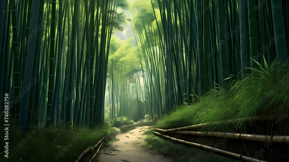 Fototapeta premium Tranquil bamboo forest, tall bamboo stalks create a dense and peaceful atmosphere