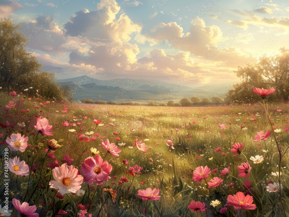 Nature's harmony in a field of soft light and gentle blooms, creating a nostalgic scenery with a floral backdrop that speaks of vintage elegance and tranquility.