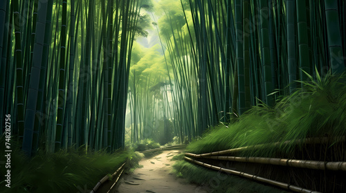 Tranquil bamboo forest  tall bamboo stalks create a dense and peaceful atmosphere