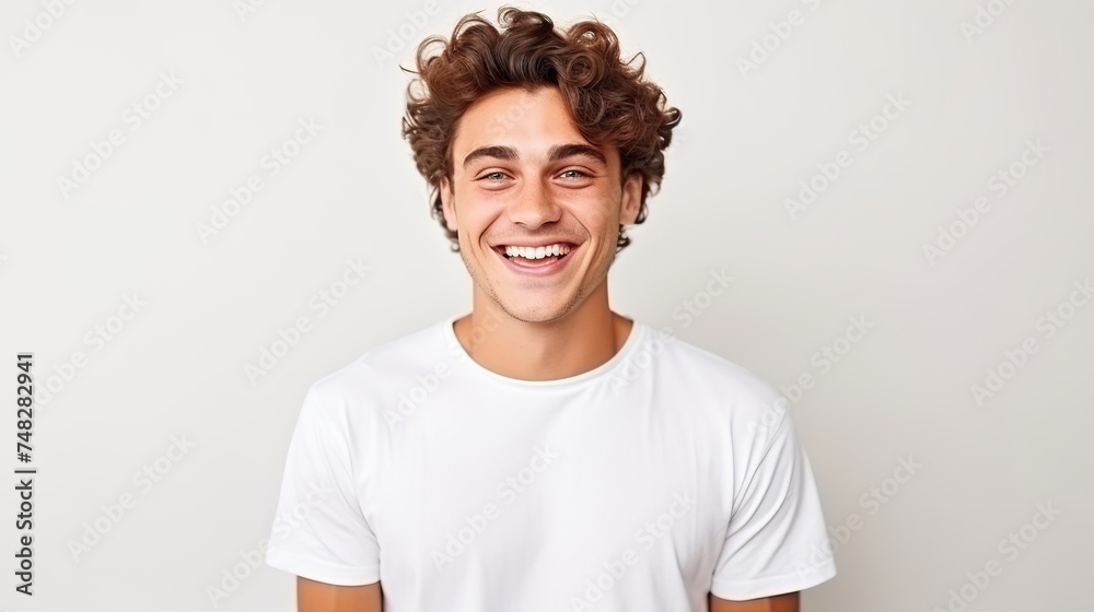 The image shows a young man with curly hair wearing a white t-shirt. He has a happy expression on his face and is looking at the camera. The background is a solid color. The image shows a young man with curly hair wearing a white t-shirt. He has a happy expression on his face and is looking at the camera. The background is a solid color.