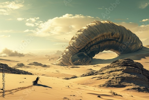 Huge Sand Worm, Giant Sandworm Raising Up From the Desert Depths, Little Man in Black photo