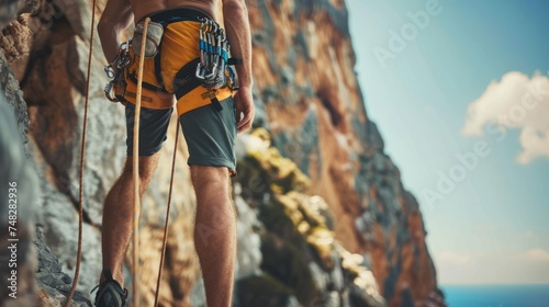 Close up of rock climbing equipment on the man with rock on the background