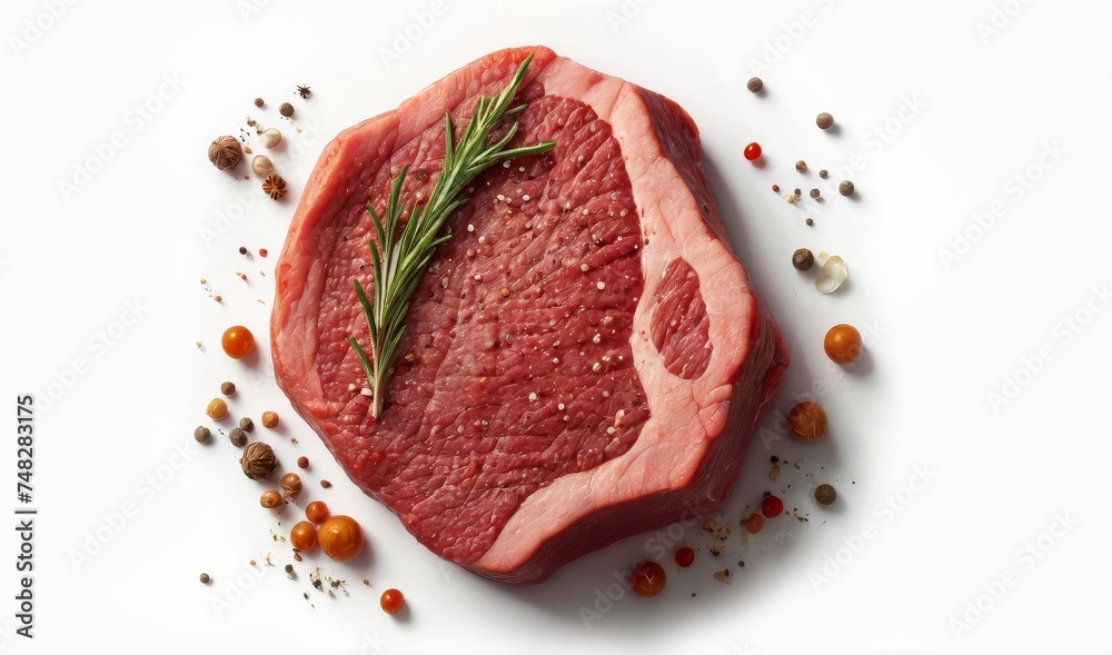 Raw beef steak with seasonings on white background. Generative AI illustration
