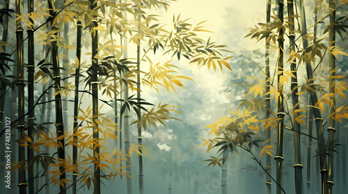 Tranquil bamboo forest  tall bamboo stalks create a dense and peaceful atmosphere